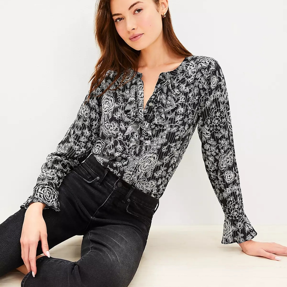 LOFT Black and White Buttoned Blouse with Mandarin Collar